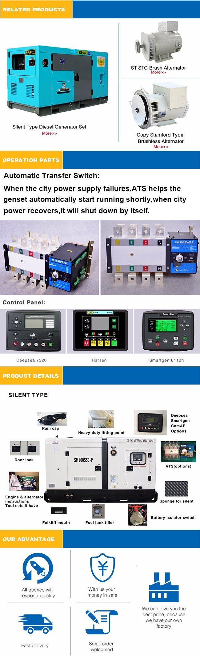 Blue Color Canopy Yangdong 56kw 60Hz Single Phase Silent Generator Set