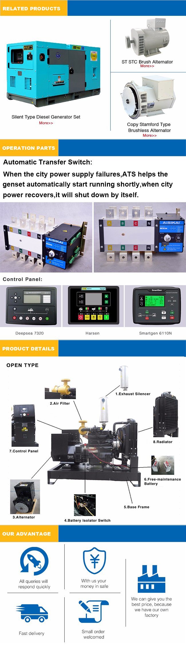 Electric Start 3 pH 625kVA/500kw Canopy/Open Kaipu Power Diesel Generator